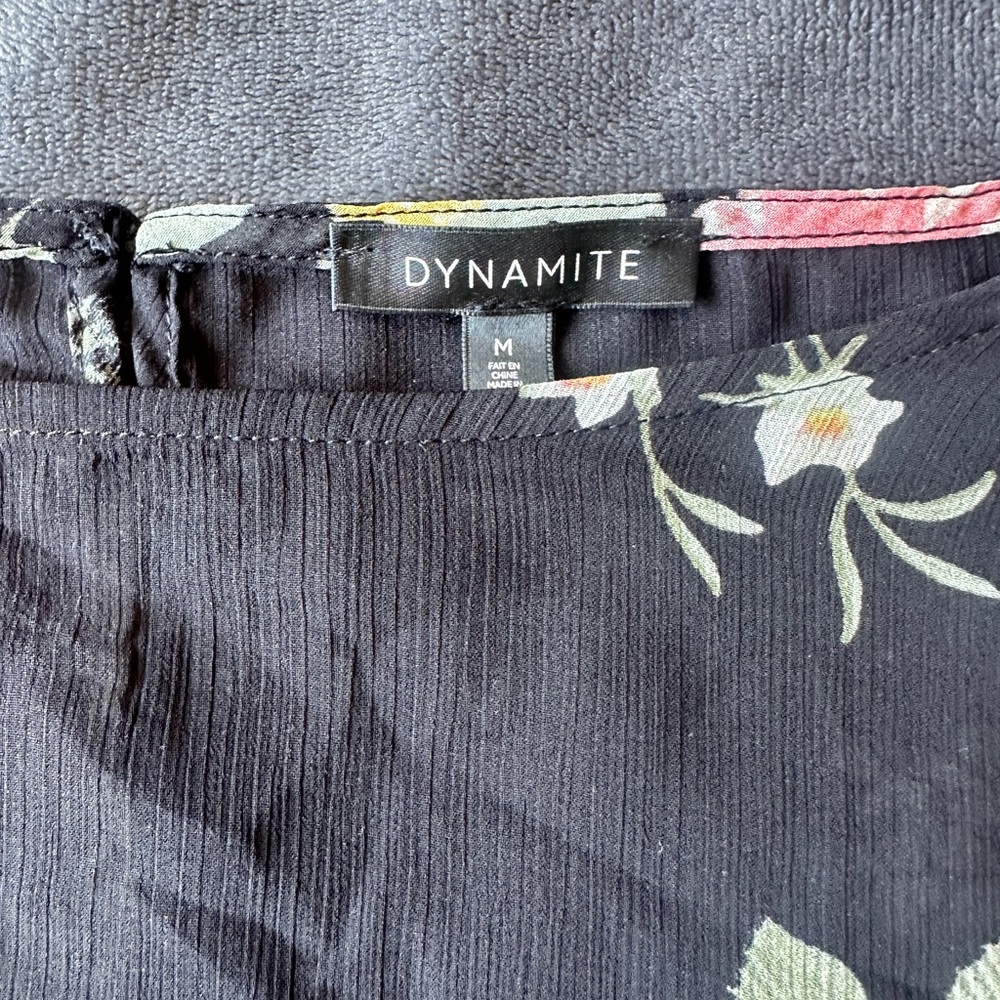 Dynamite Black Bouse with Floral Accents